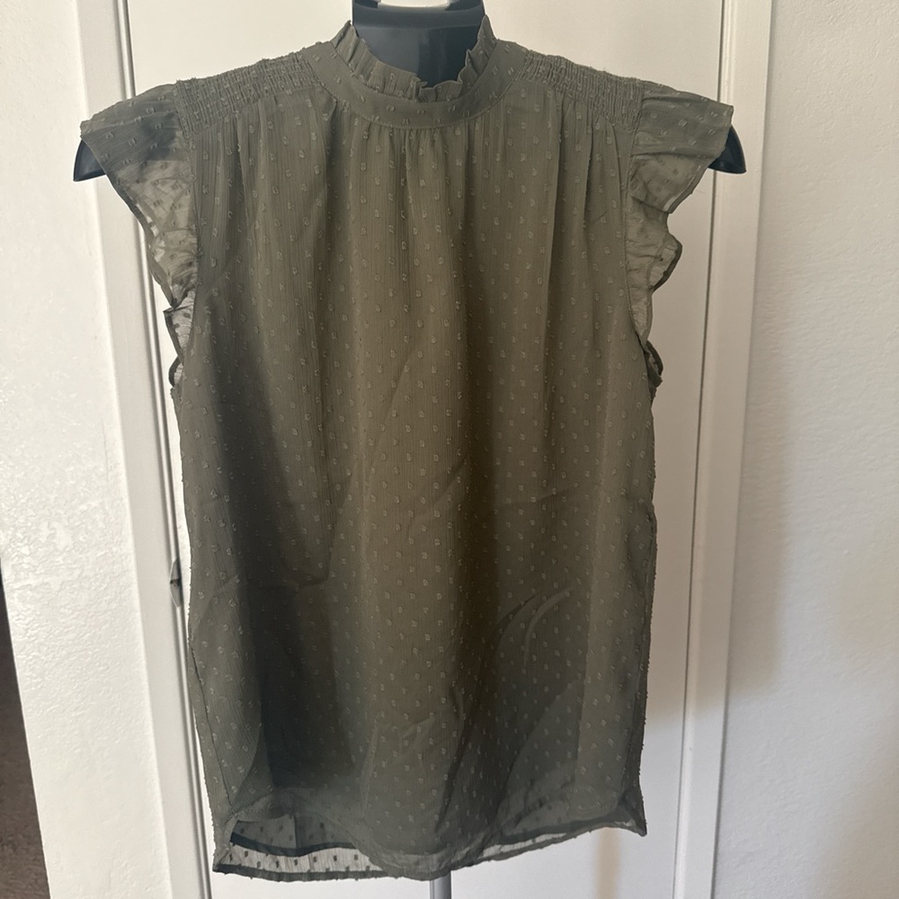 LOFT Olive Green Dot-Texture Flutter Sleeve Smocked Neck Blouse